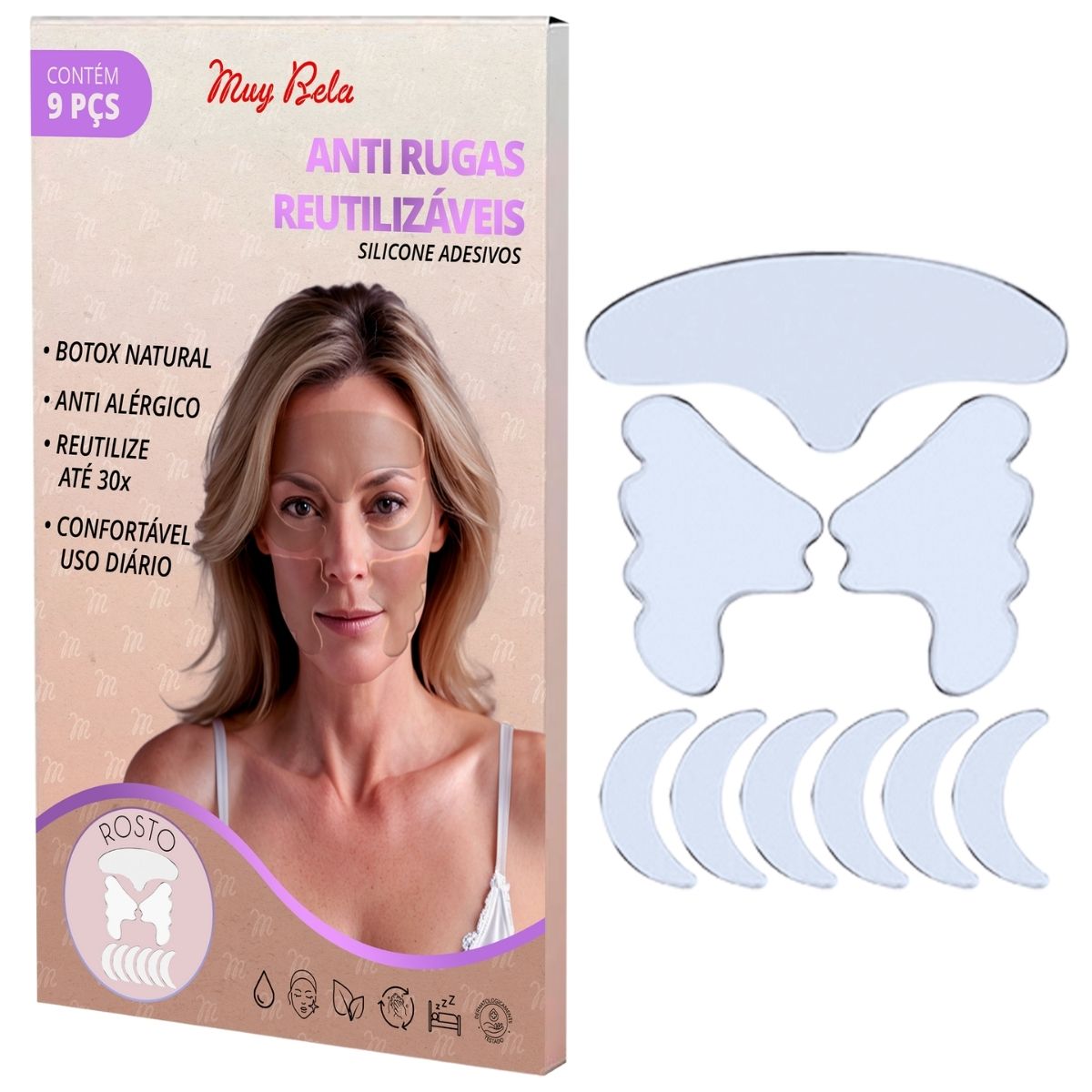 Adesivo de Silicone Anti Rugas Facial – 9 Unidades - Muy Bela